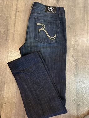 Rock & Republic Dark Indigo Slim Straight Jeans with Yellow Pocket Accent